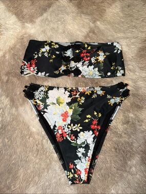 PrettyLittleThing Black Floral Bikini Bottoms with Red & Yellow Accents